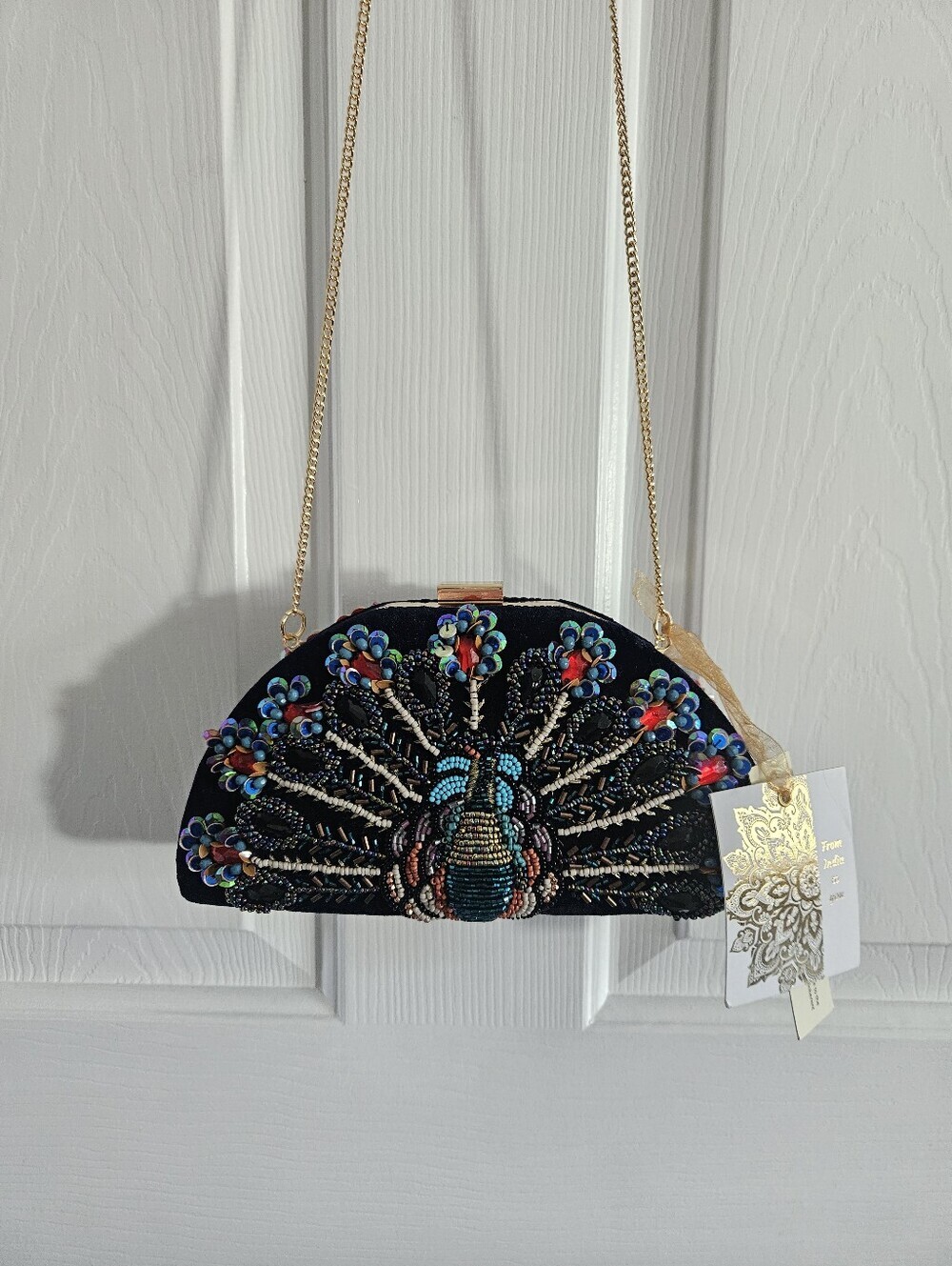 NWT Made In India Beaded Embellished Peacock Hard Case Clutch/Crossbody Bag